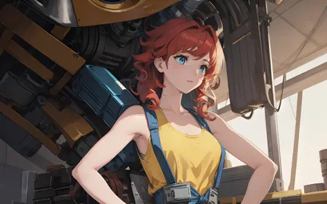 breathtaking wide shot of a beautiful woman fixing her robot, curly red hair, aquamarine eyes, wearing a yellow tank top, ((solo...