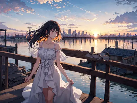 anime masterpiece as the sun sets over the horizon, the sky transforms into a canvas of warm oranges, pinks, and purples. the ci...