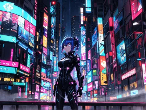 an anime masterpiece portrait of a lone woman and a neon-lit cyberpunk cityscape. the woman is standing on a balcony overlooking...