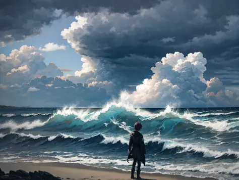 a dramatic seascape with a lone figure standing on the beach. the beach is wide and sandy, stretching as far as the eye can see ...