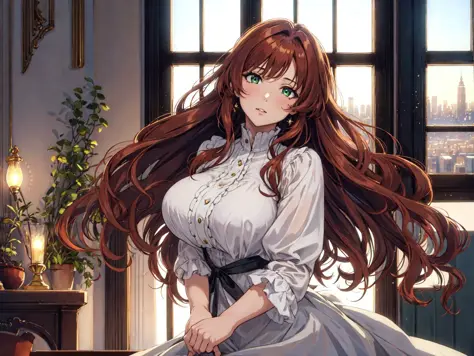 anime masterpiece close-up portrait of a strikingly beautiful woman with piercing green eyes and flowing auburn hair. her hair i...