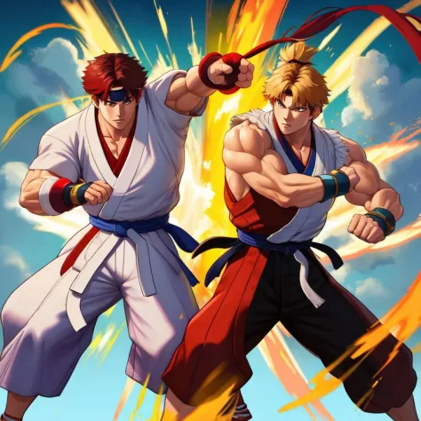 masterpiece, best quality, highres, high details,high detailed skin,
mature male,Ryu and Ken,combat stance,on combat arena,