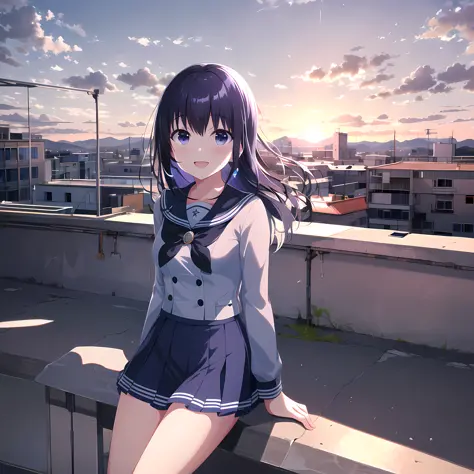 Haute qualité, Meilleure qualité, chef-d&#39;œuvre, absurdes, Mana Nagase, uniforme, 1fille, white école_uniforme, jupe bleu, école, coucher de soleil, toit, sourire