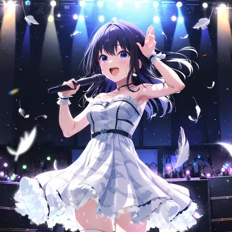 high quality, best quality, masterpiece, absurdres, nagase mana, idol, 1girl, white dress, <lora:mna:0.75>, singing, white_feathers, glow, on stage, confident, holding_microphone