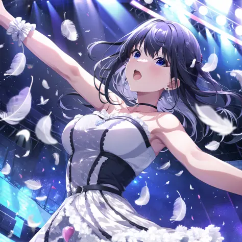 high quality, best quality, masterpiece, absurdres, nagase mana, idol, 1girl, stage, falling_feathers, singing,  <lora:newmna:0....