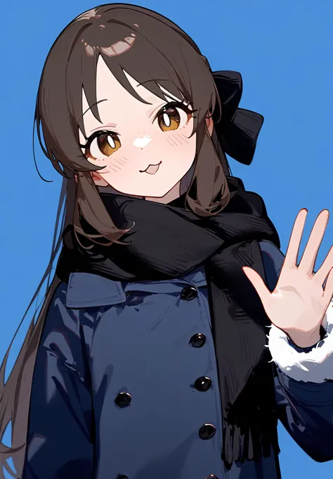 1girl, 
tachibana arisu, idolmaster, 
solo, parted lips, smile, cropped head, bright pupils, upper body, hair between eyes, straight-on, white pupils, :3, black hair, tareme, fur-trimmed coat, yellow eyes, long bangs, dot nose, raised eyebrow, alternate costume, black scarf, fur trim, winter clothes, blue coat, simple background, looking ahead, eyes visible through hair, blue background, coat, scarf, long hair, blush, head tilt, waving, 
masterpiece, newest, absurdres, safe
 <lora:2080ti_ag31_tachibana_arisu-000007:1> <lora:a31_style_koni:1>