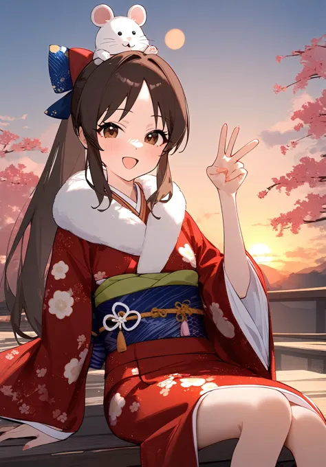 1girl, 
tachibana arisu, idolmaster, 
red kimono, furisode, new year, kimono, sitting, outdoors, :d, year of the rat, tree, solo...