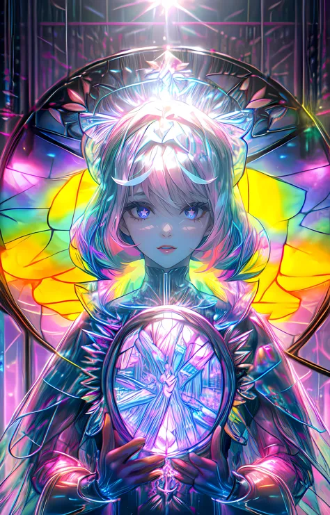 neon palette <lora:neon_palette_offset:1>, 1girl,  <lora:KawaiiTech:1>,Stained glass window,Armor,Cute,Close up Portrait,Facing ...