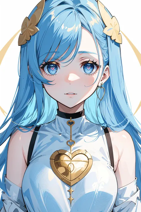 a close up of a woman with blue hair and a heart shaped necklace