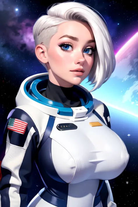 (masterpiece, best quality, sfw), 1girl, detailed eyes, short hairs, white hairs, undercut, space suit, huge breasts:1.5, stars,...