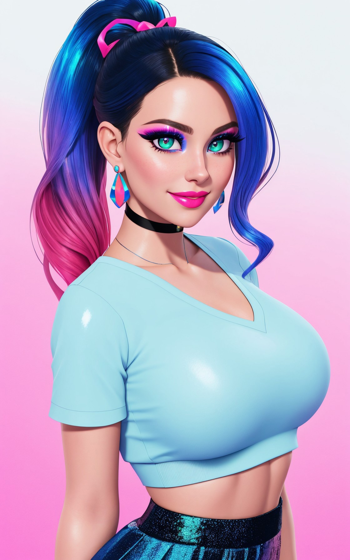 A woman with blue hair and pink makeup posing for a picture - SeaArt AI