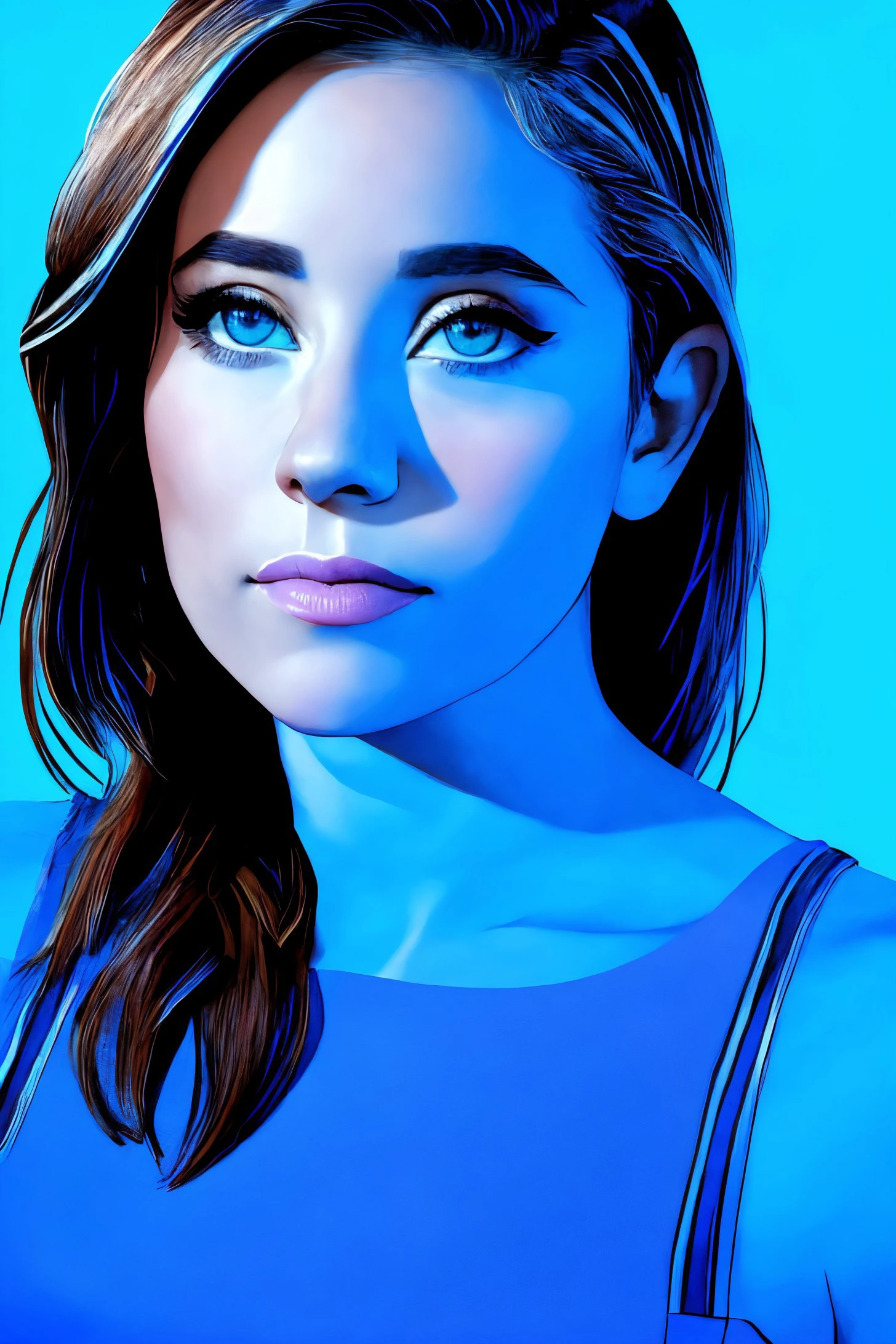 A close up of a woman with blue eyes and a blue background - SeaArt AI