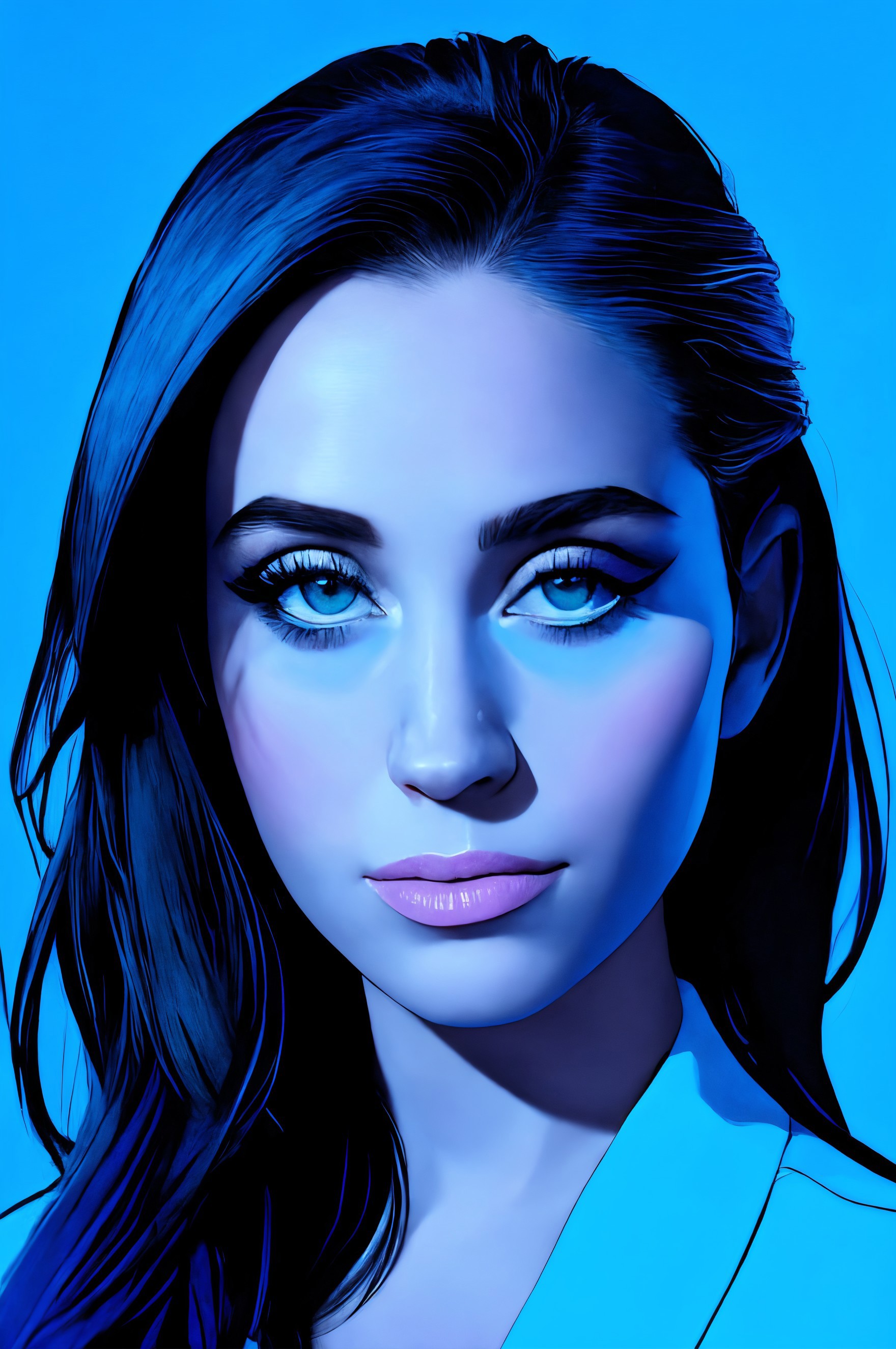 A close up of a woman with blue eyes and a blue background - SeaArt AI