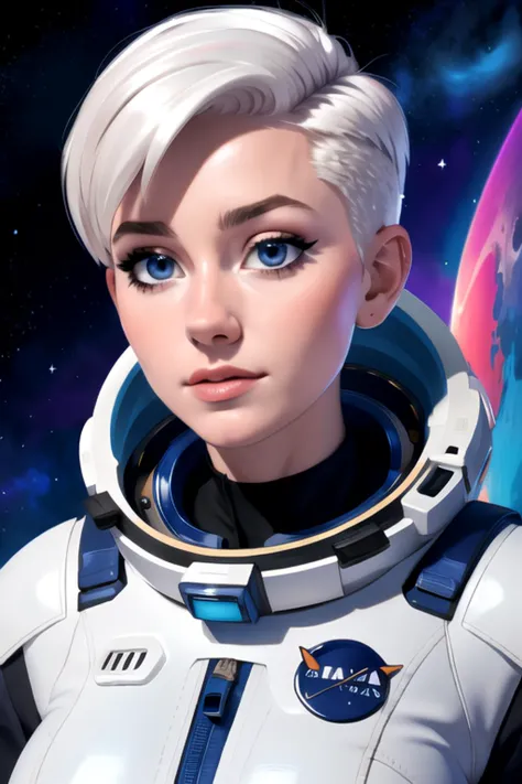 (masterpiece, best quality, sfw), 1girl, detailed eyes, short hairs, white hairs, undercut, space suit, huge breasts:1.5, stars,...