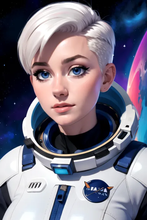 (masterpiece, best quality, sfw), 1girl, detailed eyes, short hairs, white hairs, undercut, space suit, huge breasts:1.5, stars, nebulas, space background, <lora:EnvyBeautyMix37:0.8>