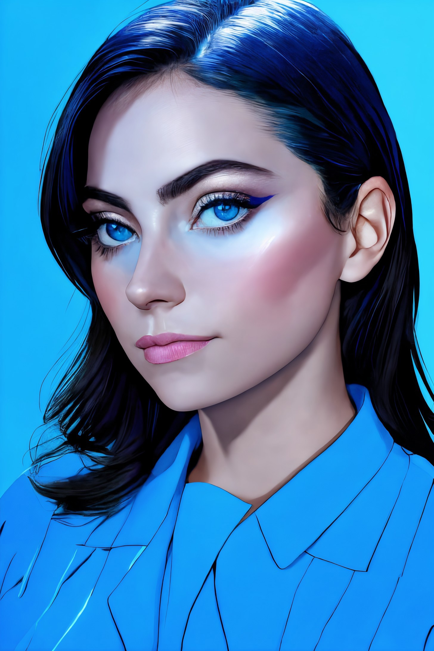 A woman with blue eyes and a blue shirt - SeaArt AI