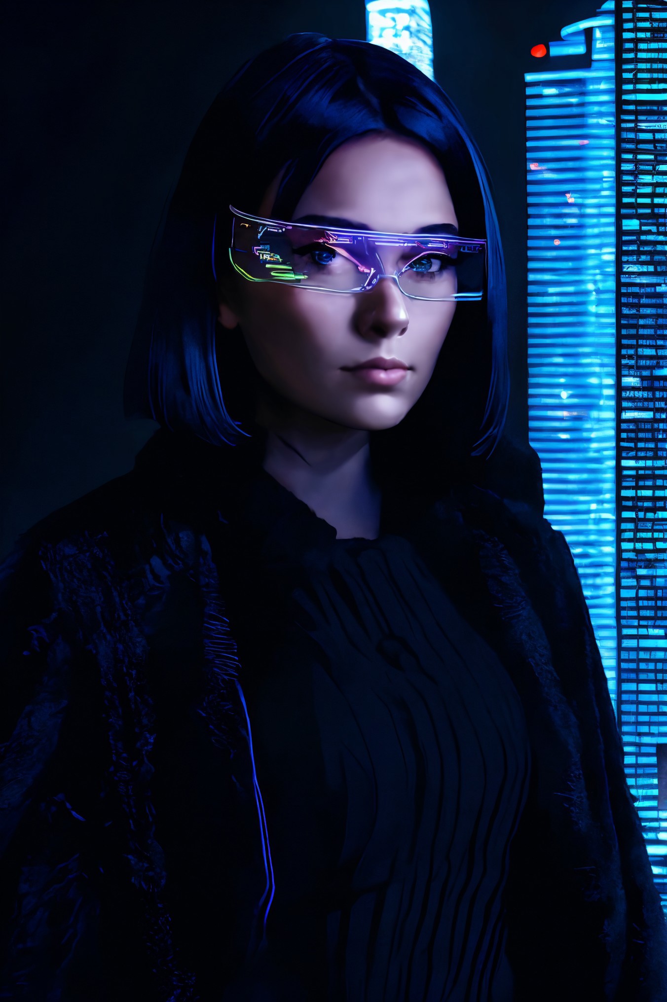 A close up of a woman wearing glasses in front of a city - SeaArt AI