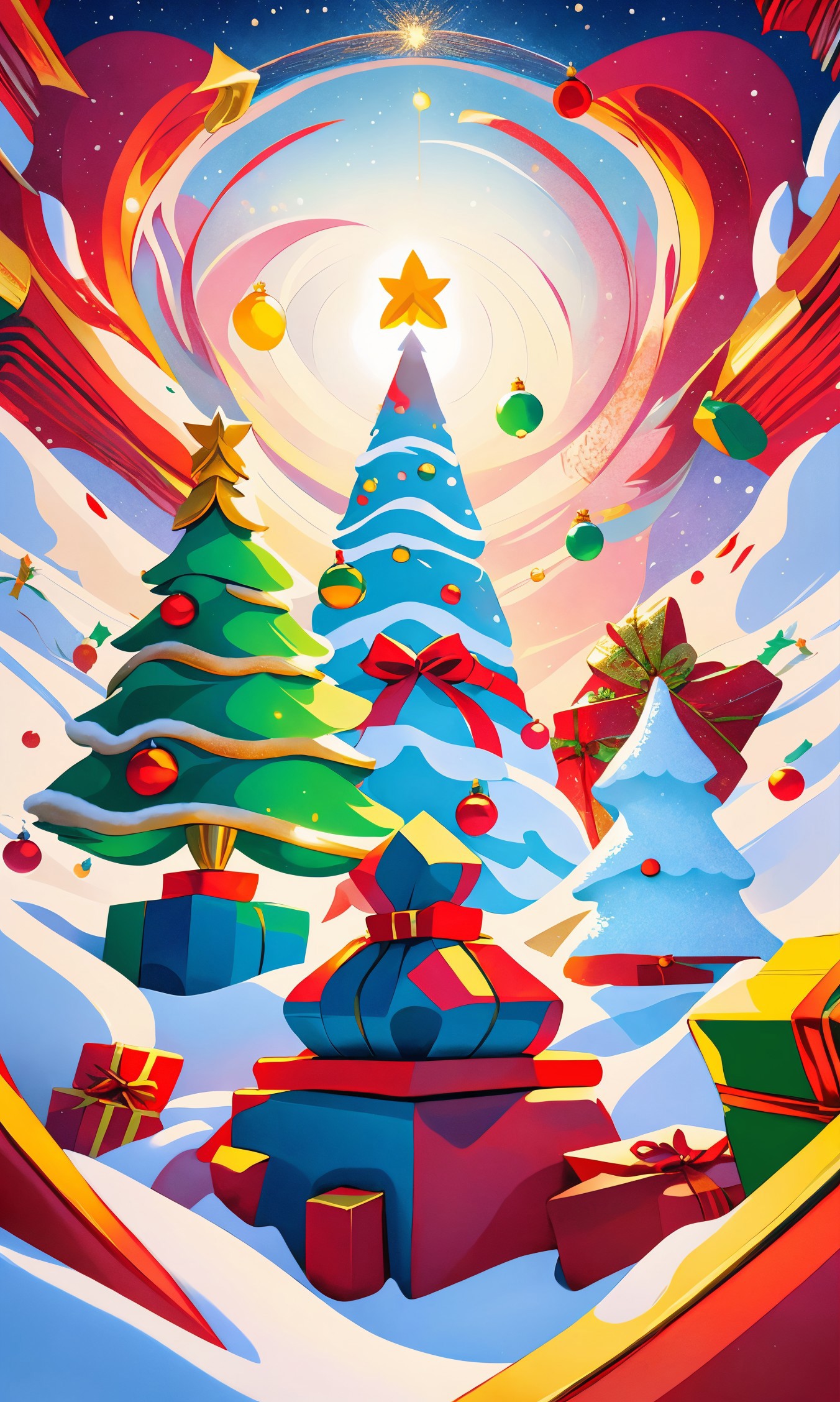 A painting of a christmas tree surrounded by presents and gifts - SeaArt AI