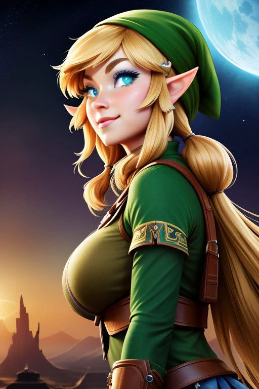 (Style-Grabby Link and Zelda), botw style, looking at viewer, close-up, beautiful eyes, perfect eyes, big reveal, athletic, hat, green tunic, belt, fingerless gloves, boots, weapon on back, flexing muscles, High detail RAW color photo, 3d, highly detailed CG unified 8K wallpapers, physics-based rendering, cinematic lighting, beautiful detailed eyes, ultra highres,8k, cinematic lighting, ah1, night, stars, heart shaped moon, cloud, (looking at another:1.2), from side,  masterpiece, best quality, ultra-detailed, glistening shiny, ray tracing, ultra realistic face, best quality, ultra-detailed, shiny eyes, fair skin, notably long eyelashes, (realistic eyes), perfect face, high quality face, (epic composition, best quality, 16k, 8k, ultra highres, absurdres, highres, masterpiece, professional artwork:1.1) digital art, hetero, large breasts, blush, lustful smile, happy, green eyes, = =, o3o, :3, highly detailed, straining, happy, (hearts, love, valentineSG)