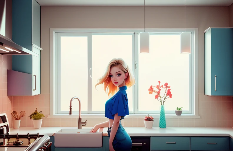 dreamlikeart analoger Stil mdjrny-v4 Stil Aufnahme eines schönen Mädchens, das in der Küche steht, Betrachter betrachten, Gesicht detailliert, Nachtszene, Hintergrundbeleuchtung