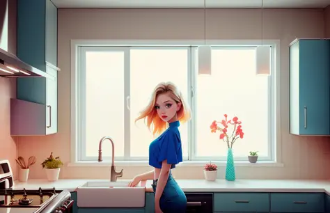 dreamlikeart analog style mdjrny-v4 style establish shot of beautiful girl  standing in kitchen interior, looking at viewer, fac...