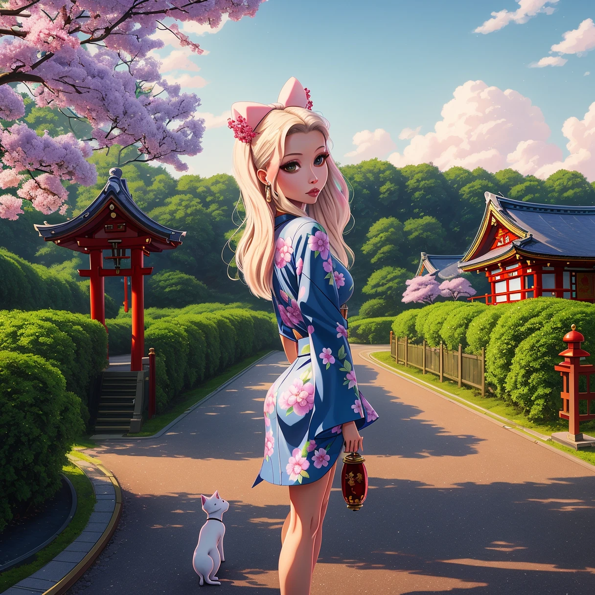 (dreamlikeart style:0.5),( redshift style:0.5),(analog style:0.5),(mdjrny-v4 style:0.5), (studio_ghibli_anime_style style:0.9), (copeseethemald style:0.5),(thepit bimbo:1.2),(glossy sexy bimbo:1.2),

(Emily Browning:1.2),geisha, woman, 1girl,masterpiece,closeup,
beautiful, long_hair, looking_at_viewer,face focus,
beautiful detailed green_eyes,hands down, (arms_behind_back:1.2),
smooth skin, (subsurface skin scattering:1), shiny skin,vax,plastic,
floral_print,japanese_clothes, wide_sleeves,kimono pattern, kimono,

pets, cat, dog, fox,daruma_doll, lantern, maneki-neko, torii, obi, outdoors, paper_lantern,msash, shiba_inu,  stairs, torii, youkai,Japanese dolls,
cherry blossom, Japan,Tokyo,train station,

intricate, concept art,
realistic proportions,