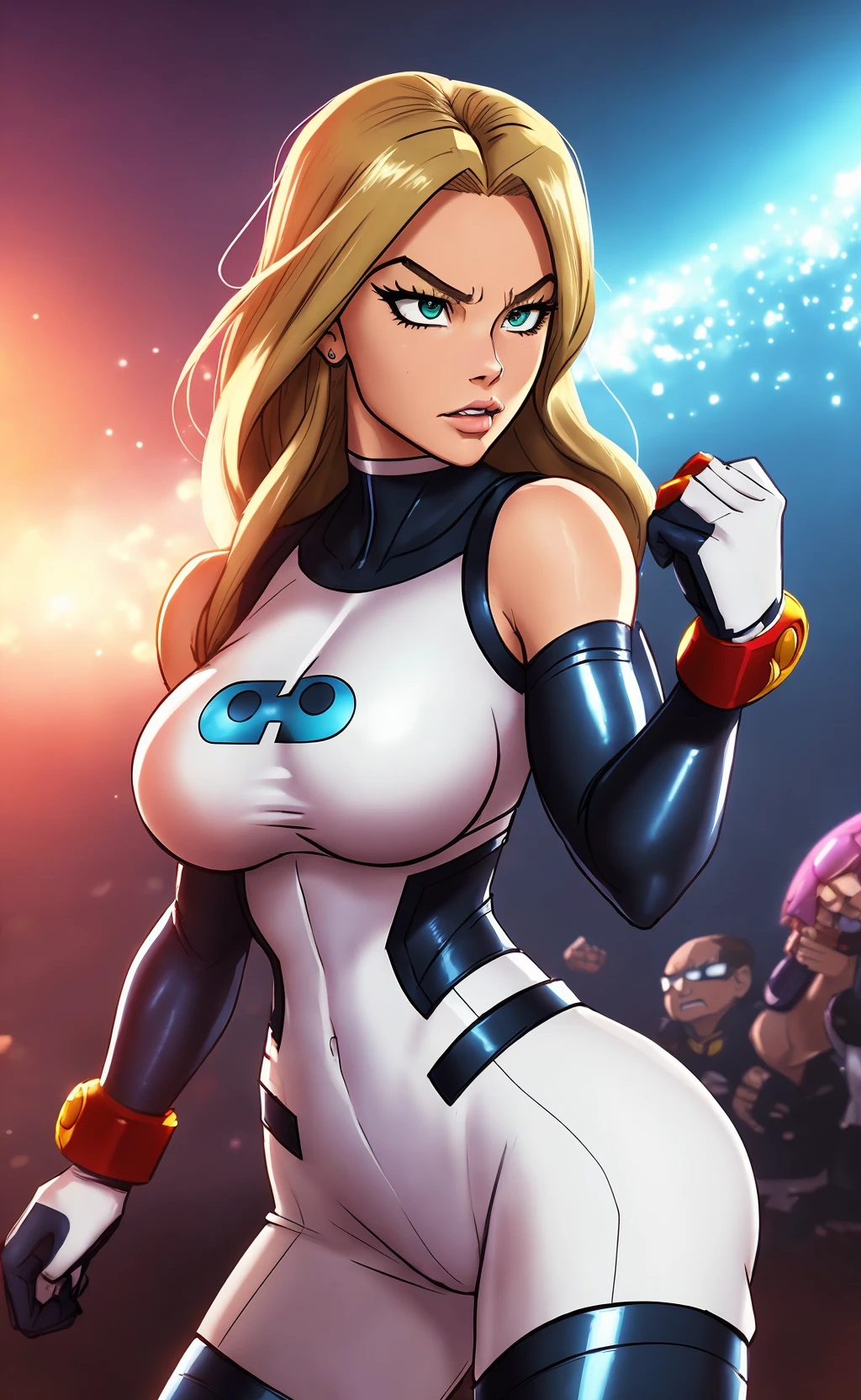 (my hero academia style),  thepit bimbo, studio_ghibli_anime_style style, glossy,

 [Margot Robbie:Heidi Klum:0.70], solo 1girl,

 battle pose with long black hair, breasts, hip body,
wearing The Avengers body armor, wearing gloves, very short hair, 
 

explosion in background, fight scene, evil superheroes, danger, ghostly, tension, 
fire, destruction, debris, flying object, 

hyperrealism, 8k, battle arena background, volumetric lighting, good lighting, side lighting, perfect lighting, 

[reki from senran kagura],
, Purple Worm attack,