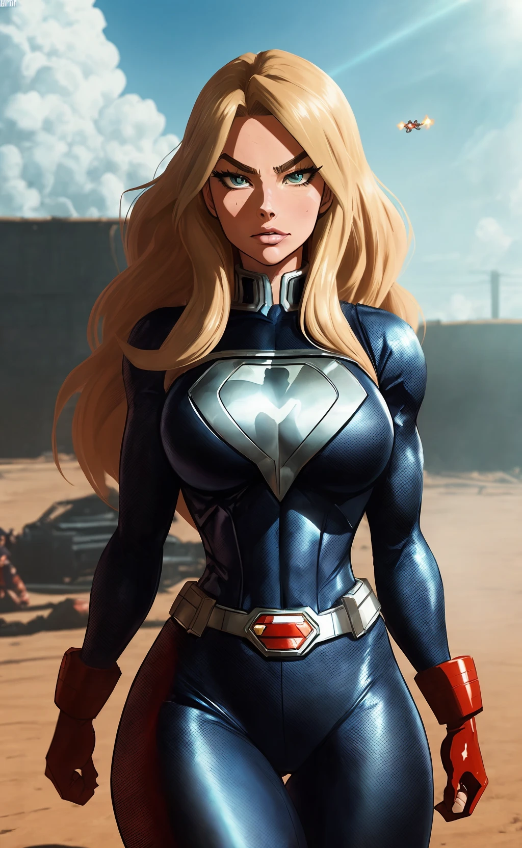 (my hero academia style),  thepit bimbo, studio_ghibli_anime_style style, glossy,

 [Margot Robbie:Alessandra Ambrosio:0.70], solo 1girl,

 battle pose with long black hair, breasts, hip body,
wearing Superman body armor, wearing gloves, absurdly long hair, 
 

explosion in background, fight scene, evil superheroes, danger, petrified, tension, 
fire, destruction, debris, flying object, 

hyperrealism, 8k, battle arena background, volumetric lighting, good lighting, side lighting, perfect lighting, 

[shia from arifureta],
, Grick attack,