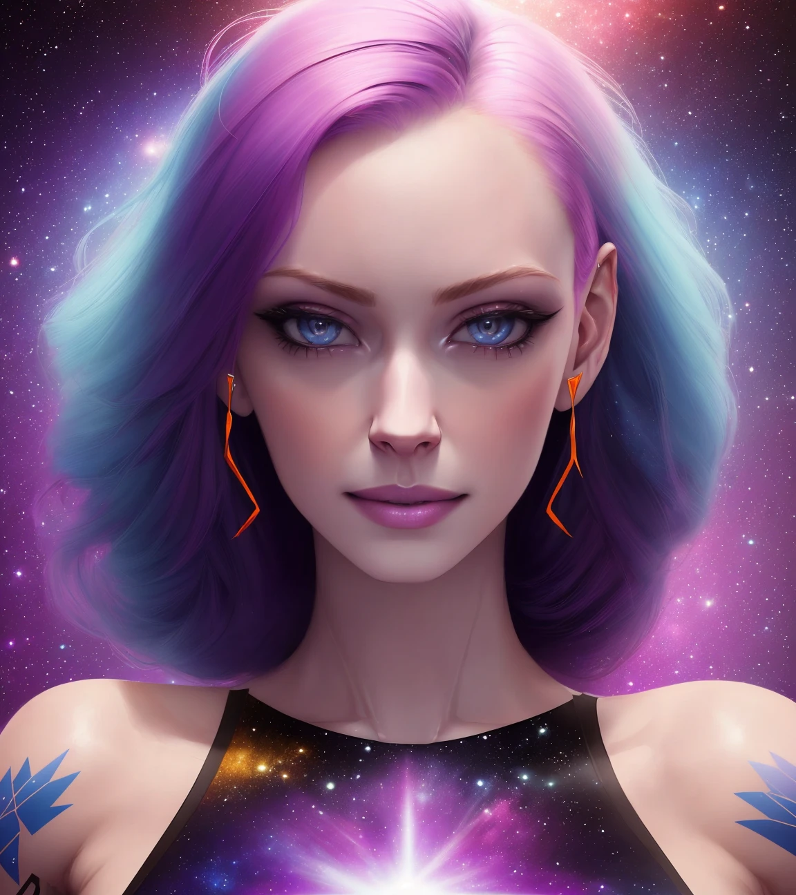 19yo female, pale skin, European,

[(colorful explosion psychedelic paint colors:1.2)::0.375]

sport outfit, closeup, extreme closeup, photorealistic, 
smiling,
purple hair, tattoos, 
(full body), perfect eyes, athletic, realistic proportions,
(outer space background:1.1),
vivid colors,
by Mark Edward Fischbach, artstation, concept art,  masterpiece,  colorful, elaborate background,  photography, smooth, sharp focus,  award-winning,  8K,  hrd,  art by greg rutkowski,