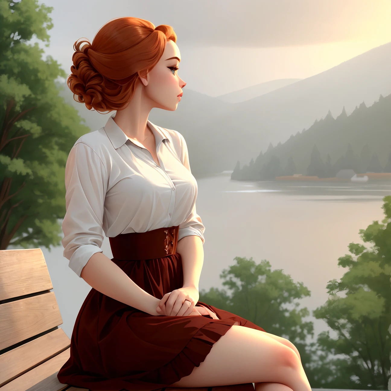Nostalgic, 6K, photo shot from a medium distance, mid-body portrait, highly-detailed, girl sitting on a wooden bench, wearing a vintage-style dress with a full skirt and petticoats, lost in thought, curly red hair styled in a beehive, [Kate Winslet|Mila Kunis], set against a backdrop of a misty, overcast sky with a subtle, muted color palette and gentle, diffuse lighting