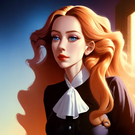 Surrealist, 8K, Close-up, Enigmatic, Girl wearing a silk blouse, Long curly hair, enigmatic expression, [Salvador Dali| Rene Magritte], in an dreamlike and fantastical setting, vibrant and striking hues, exaggerated features, mysterious shadows