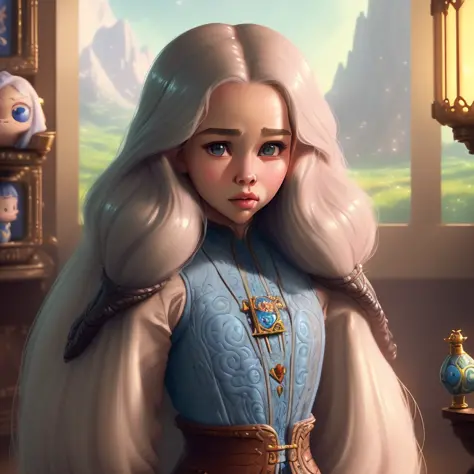shy miniature, Cute small Emilia Clarke, 1girl, solo,disney artwork, (extremely detailed very long hair with an intricate hairst...