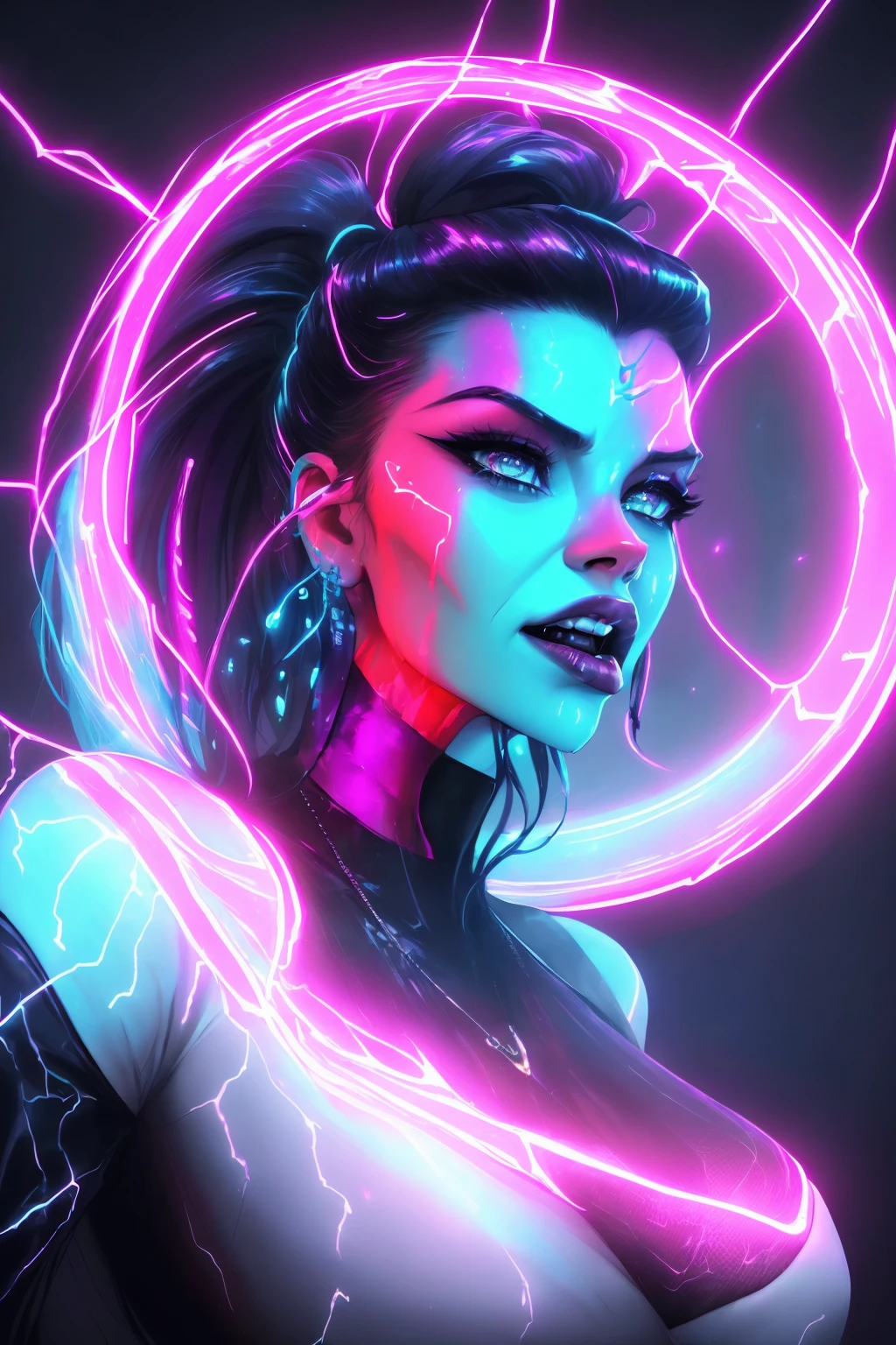 (closeup:1.2),
([Nina Dobrev|Emily Ratajkowski]:1.1) woman, centered, screaming witch, dark, (huge moon, symmetric full moon:1.1),
(wearing Cyberpunk transparent clothing:1.2), glossy, see-through clothes, vivid vibrant glowing neon toxic colors, triadic colors,

glowing blue eyes, detailed pupils, glowing eyes,
open mouth, teeth, cuspids, sharp teeth,
wearing industrial goth clothes,

neon lights, glowing colors, backlight, glowing contours, outline, gold highlights,

spiderwebs, dripping blood, elegant, fit, fashion, swirling,


lightning bolts at background, storm, tornado, 
disney artwork, unreal engine, artstation, detailed, digital painting, cinematic, unreal 5, daz, hyperrealistic, octane render,