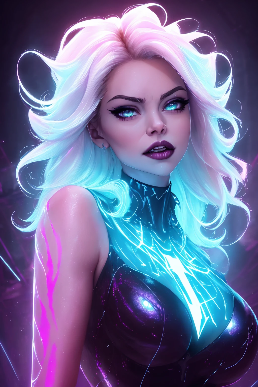 (closeup:1.2),
([Nina Dobrev|Emma Stone]:1.1) woman, centered, screaming witch, dark, (huge moon, symmetric full moon:1.1),
(wearing Cyberpunk transparent clothing:1.2), glossy, see-through clothes, vivid vibrant glowing neon toxic colors, triadic colors,

glowing blue eyes, detailed pupils, glowing eyes,
open mouth, teeth, cuspids, sharp teeth,
wearing industrial goth clothes,

neon lights, glowing colors, backlight, glowing contours, outline, gold highlights,

spiderwebs, dripping blood, elegant, fit, fashion, modular,


lightning bolts at background, storm, tornado, 
disney artwork, unreal engine, artstation, detailed, digital painting, cinematic, unreal 5, daz, hyperrealistic, octane render,