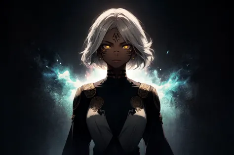 a woman with white hair and yellow eyes stands in front of a dark background