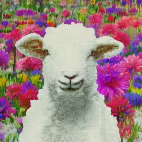 there is a sheep that is standing in a field of flowers