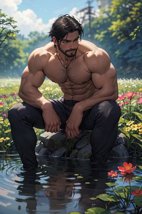 Best quality, masterpiece, expressionless,ultra high res,detailed background,realistic,1man,solo,male,muscular,mature male,short hair,facial hair,sitting,water,flower field,real shadow and light,depth of field,
