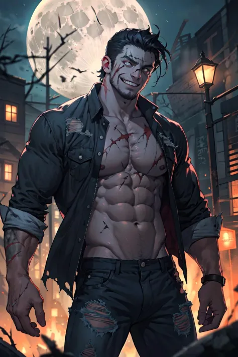 masterpiece, best quality, highres, realistic,1man, zombie,blue skin,scar,muscular,black hair,dirty face,dirty,full moon, evil smile,torn clothes,depth of field,