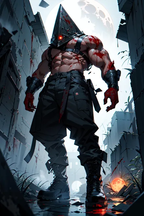 Best quality, masterpiece, ultra high res,detailed background,realistic,illustration,from below,full body,solo,1boy,pyramidHead,muscular,facial hair,blood on clothes,boots,full red moon,blood splatter,mist,fog,red and black,ruins,volumetric lighting,depth ...
