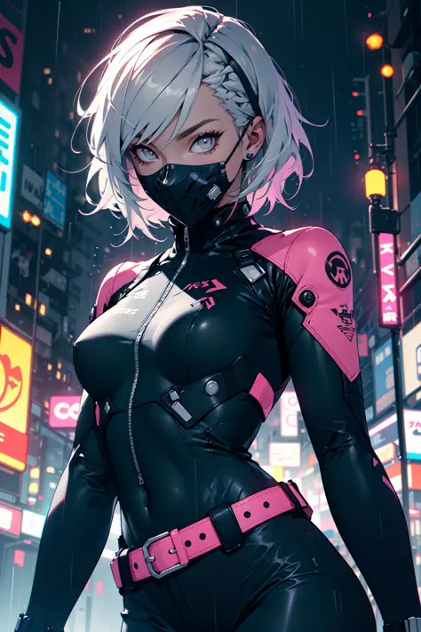<(realistic:1.0), intricate details>, portrait, 1 girl, beautiful face, asymmetrical hair, multi-colored hair, belt, bodysuit, covered mouth, covered navel, detached sleeves, grey eyes, hip vent, open jacket, cute, look at viewer, night city, neon, rainy,
