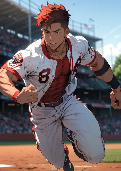 (masterpiece, best quality ), 1man, muscular, short hair, brown eyes, intricate, baseball field , full body, white baseball uniform, open red jacket, vivid colors,(depth of field:1.4),(abs), jumping,