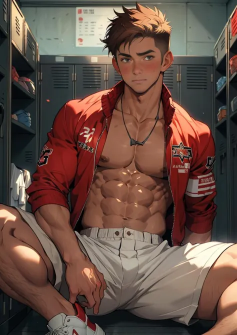 (masterpiece, best quality ), 1man, muscular, short hair, brown eyes, intricate, (locker room) , full body, white baseball uniform, open red jacket, vivid colors,(depth of field:1.2),(abs),blush, looking at viewer, on floor, spread legs,