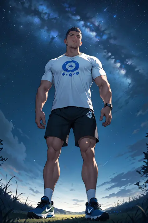 Draw a mature athlete,Standing in the grassland under the starry sky,he is wearing a T-shirt and athletic shorts and nike sneakers, Dramatic lighting from stars illuminates the scene,This man looks confident and determined, looking down,crew cut, full body...