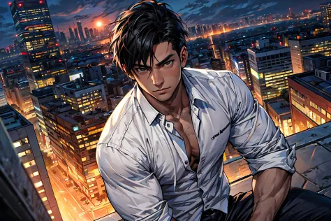 1man,masterpiece,best quality,dusk,cityscape,black hair,muscular male,white shirt,detailed eyes, (black eyes:1.2),<lora:add_deta...