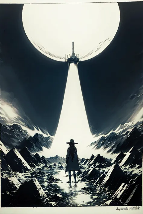 a picture taken from a movie poster of a person standing in front of a spaceship