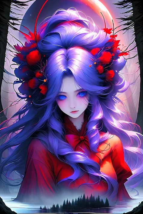 [woman:1],[flower in hair:1],[night sky:1],[lake:1],[blue eyes:2],[red clothes:0.15],[hair bow:2],[forest:3],[fog:3],[purple hai...