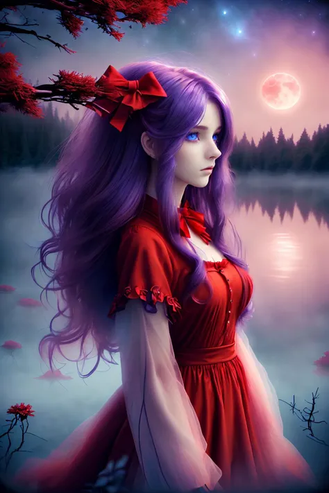 [woman:1],[flower in hair:1],[night sky:1],[lake:1],[blue eyes:2],[red clothes:0.15],[hair bow:2],[forest:3],[fog:3],[purple hai...