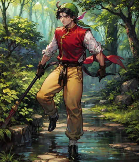 masterpiece, anime screencap, 1 boy, solo, black hair, bandana, chinese clothes, red shirt, white sleeves, yellow pants, staff, full body, outdoors, forest, cowboy shot  