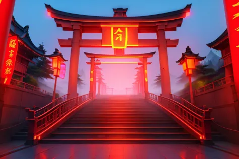 masterpiece, best quality, <lora:redneon-style-richy-v1:1> redneonstyle, glowing, red theme, neon trim, torii, stairs, east asia...