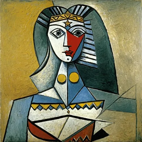 p1c4ss0, a abstract painting of Wonder Woman, by pablo picasso, Cubism, <lora:p1c4ss0_003:0.8>